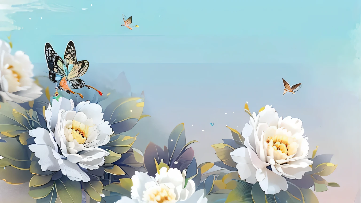 ancient china, peaceful, garden, dew drop on leaf, peony flowers grow crowded together, butterflies fly in the sky, spring, misty, no human, bright pastel-colored background