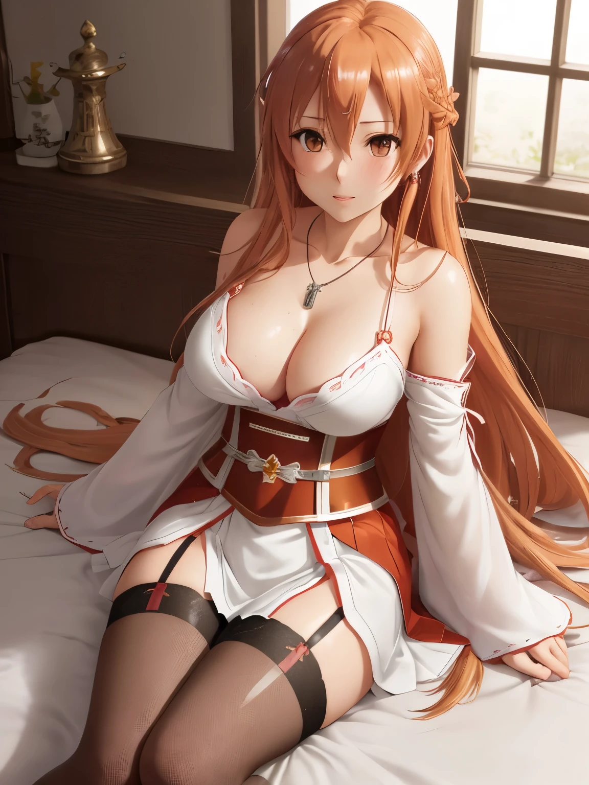 Asuna yuuki, anime style, (masterpiece:1.35),(bestquality:1.4), 8k,ultra-detailed, photography, (ultra-realistic:1.4), film grain, Fujifilm XT3, depth of field, female focus, mature female, (sexy Asian female:1.45), looking at viewer, bare shoulders, blush, closed mouth, seductive smile, fresh lips, detached sleeves, (hand grab the breast)!!, earrings, sword at the bed,  hair between eyes, hair bangs, shiny orange hair, very long hair, detailed realistic hair, hair braid, japanese clothes, Asuna's\(sword art online\), clothes, detailed realistic clothes, jewelry, detailed jewelry, neck garter, necklace, plump breasts, (breast cleavage)!!, (covered chest)!!, super seductive temptation, open skirt, petticoat, fishnet legs, pantyhose, smooth thighs cleavage, (garter thighs), armpit, erotic, nontraditional Asuna, (shiny eyes pupils)!!, detailed eyes, (homochromatic eyes)!, cherry blossom, (Lying on bed)!!, asuna yuuki \(sword art online\), (correct anatomically)!