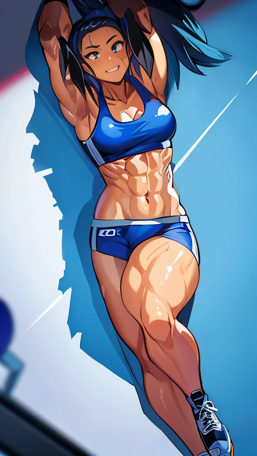captain mizuki, arafed bodybuilder woman in blue bikini and sneakers, muscular girl, muscular!!!, [ rigidly defined abs ]!!, fit girl, muscular!!!, [ adamantly defined abs ]!!, muscular body, abs, abs, sweaty abs, muscular!!!, with abs, gritting teeth, sweaty, angry and happy, chun li in the gym, sweaty muscular lara croft, muscular character, feminine and muscular