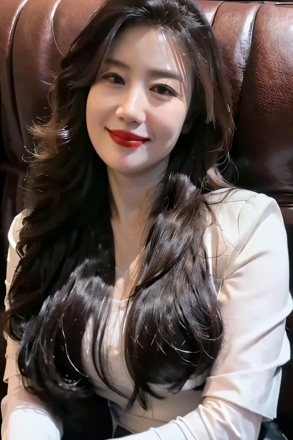 ((top quality、8k、masterpiece:1.3))、sharp focus, High level of image quality, high resolution,Shirts and shirts,business attire,37-year-old woman with long wavy hair,Mature,charming smile,Draw lips correctly, red lipstick,stand,Chubby body,Big breasts,On black sofa background,full-body shot