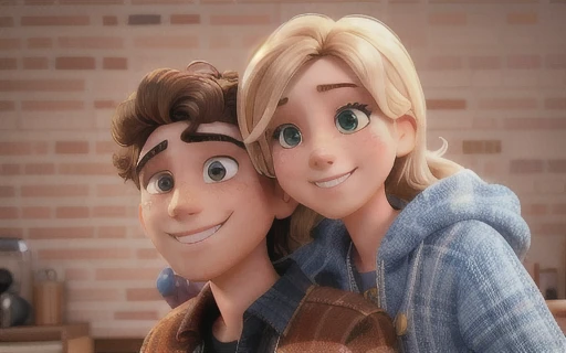 there is a woman with blonde hair on the right and a man with brown curly hair on the left that are smiling together, smiling couple, mix of ethnicities and genders, complex background, portrait shot, jamie reid, detailed portrait shot, high quality portrait, both smiling for the camera, key still, mid shot, mid shot portrait, music video, charli bowater and artgeem, head shot, couples portrait