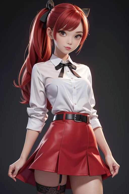 masterpiece, highres, high quality, extremly detailed, red miniskirt, black ribbon, white shirt,