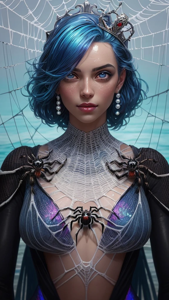 8k portrait of beautiful cyborg jumping spider woman goddess, jumping spider, bright iridescent hair, pearl blue eyes, iridescent, intricate, elegant, highly detailed, majestic, swimming through glittering spider webs, iridescent webs in the background, webs made of ocean, digital photography, art by artgerm and ruan jia and greg rutkowski surreal painting blurple spider filigree, broken glass, (masterpiece, sidelighting, finely detailed beautiful eyes: 1.2), hdr,