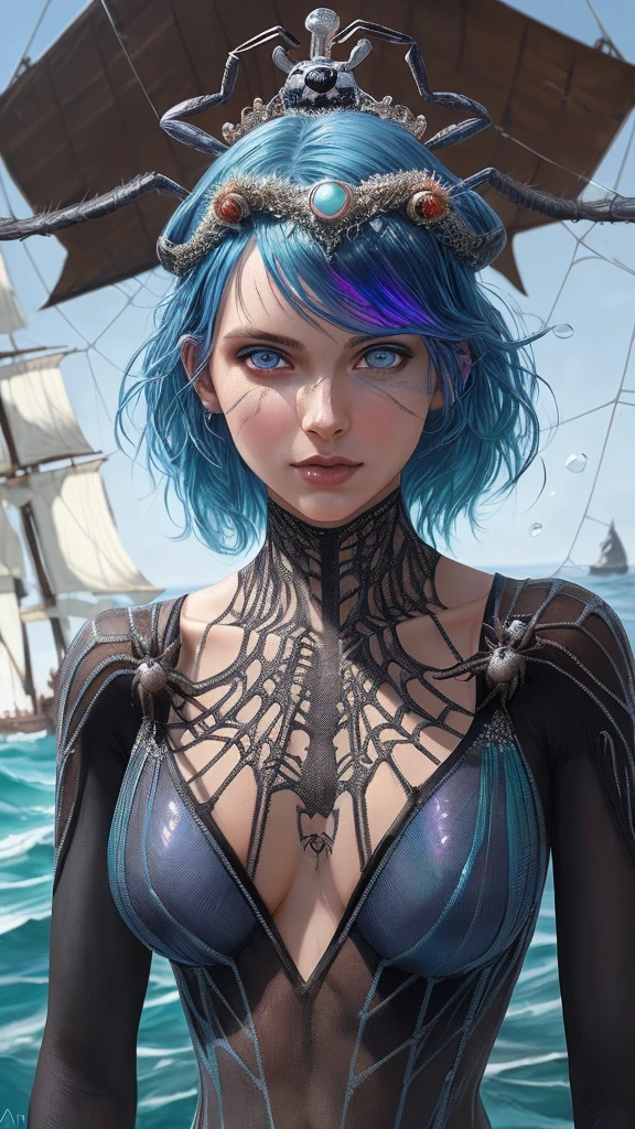 8k portrait of beautiful pirate jumping spider woman, pirate ship in the background, ocean, goddess, crown of spiders, wearing a fully clothed pirate outfit made of spider webs, pirate goddess of spiders, floating aetherial, glowing blue aura, glowing bright blue hair, jumping spider, bright iridescent hair, pearl transparent blue eyes, iridescent, intricate, elegant, highly detailed, majestic, pirate ship made of spider webs in the background, swimming through glittering spider webs, iridescent webs in the background, webs made of ocean, digital photography, art by artgerm and ruan jia and greg rutkowski surreal painting blurple spider filigree, broken glass, (masterpiece, sidelighting, finely detailed beautiful eyes: 1.2), hdr,
