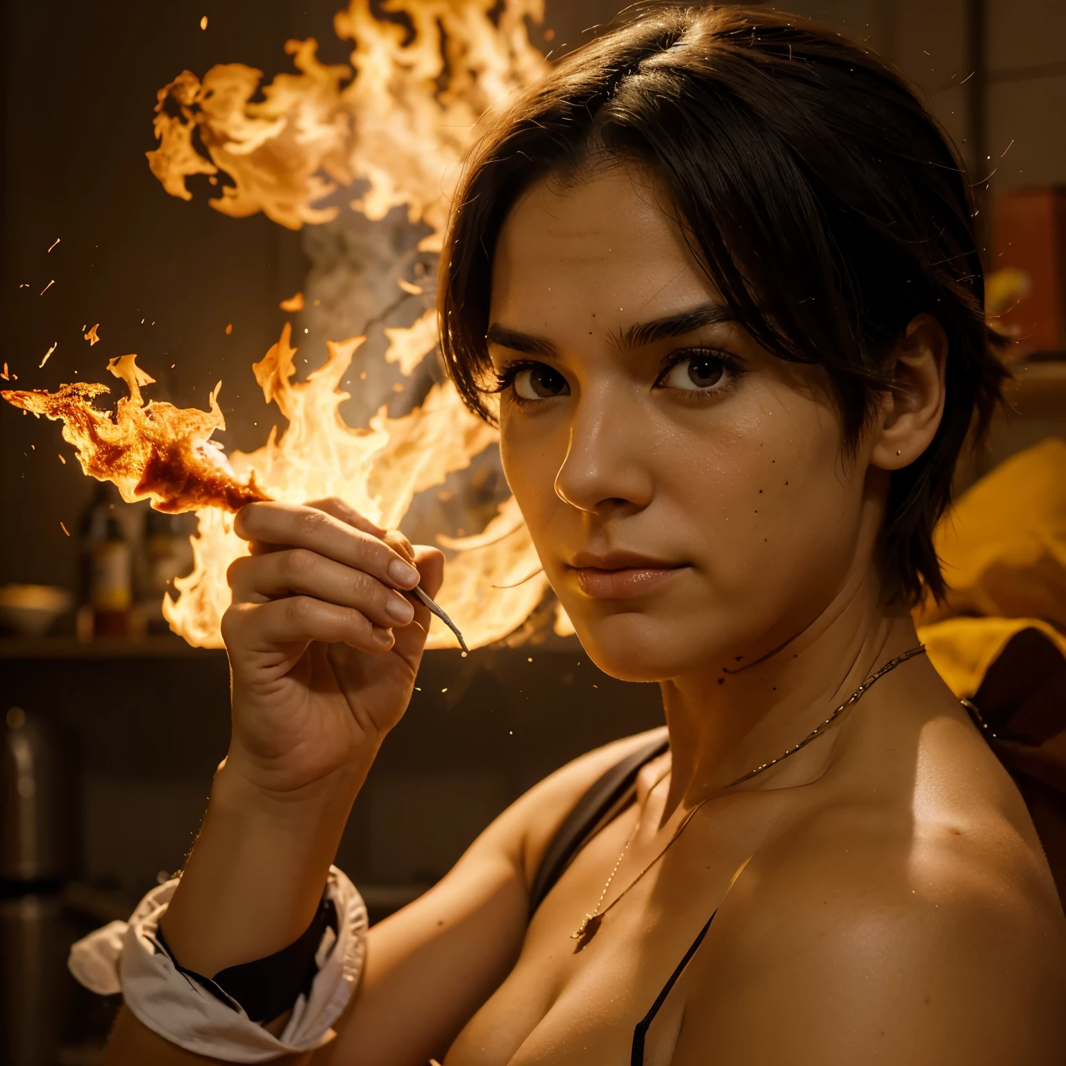 Personagem animado, estilo puxar, represent the heat of an inflammation, homem, ruivo, with a fire tox in hand