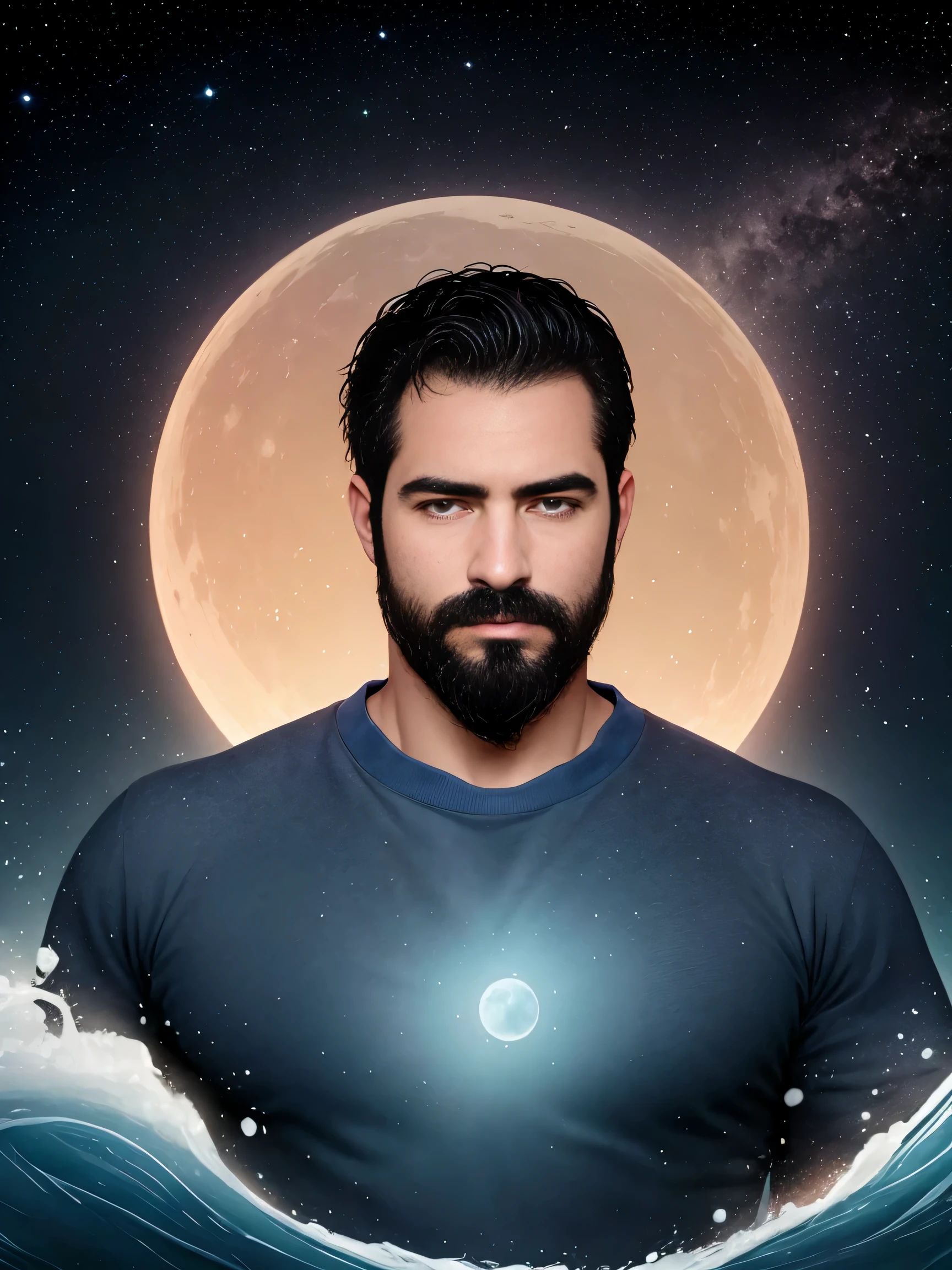 obra maestra, Mejor calidad, high resolution, primer retrato, enfoque masculino, enfocarse solo, muscular, fuerte, peludo, male, un hombre, en un mar, con la mitad de su cuerpo sumergido en el agua, behind a starry sky with a moon in the center, amazing composition, Vista frontal, HDR, volumetric lighting, ultra calidad, elegant, muy detallado