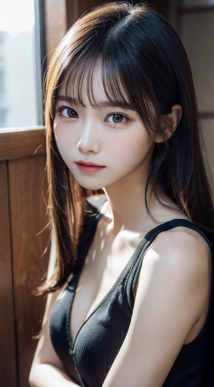 innocent 20 year old girl、（（white vest， dramatic pose）），Smile，shortcut，natural Park、original photo， （8K、top quality、masterpiece：1.2）、（Intricate details：1.4）、（Realism：1.4）、Octane number renderings、複雜的3D渲染Ultra-detailed， Studio soft light， edge light， Vibrant details， Ultra-detailed， Realistic skin texture， Detailed face， beautiful details eyes， Very detailed CG Unity 16k wallpaper， cosmetics， （ Detailed background：1.2）， shiny skin， whole body、cleavage，（（Stand with hands folded behind your back、Leaning forward、perspective from above））sexy sitting