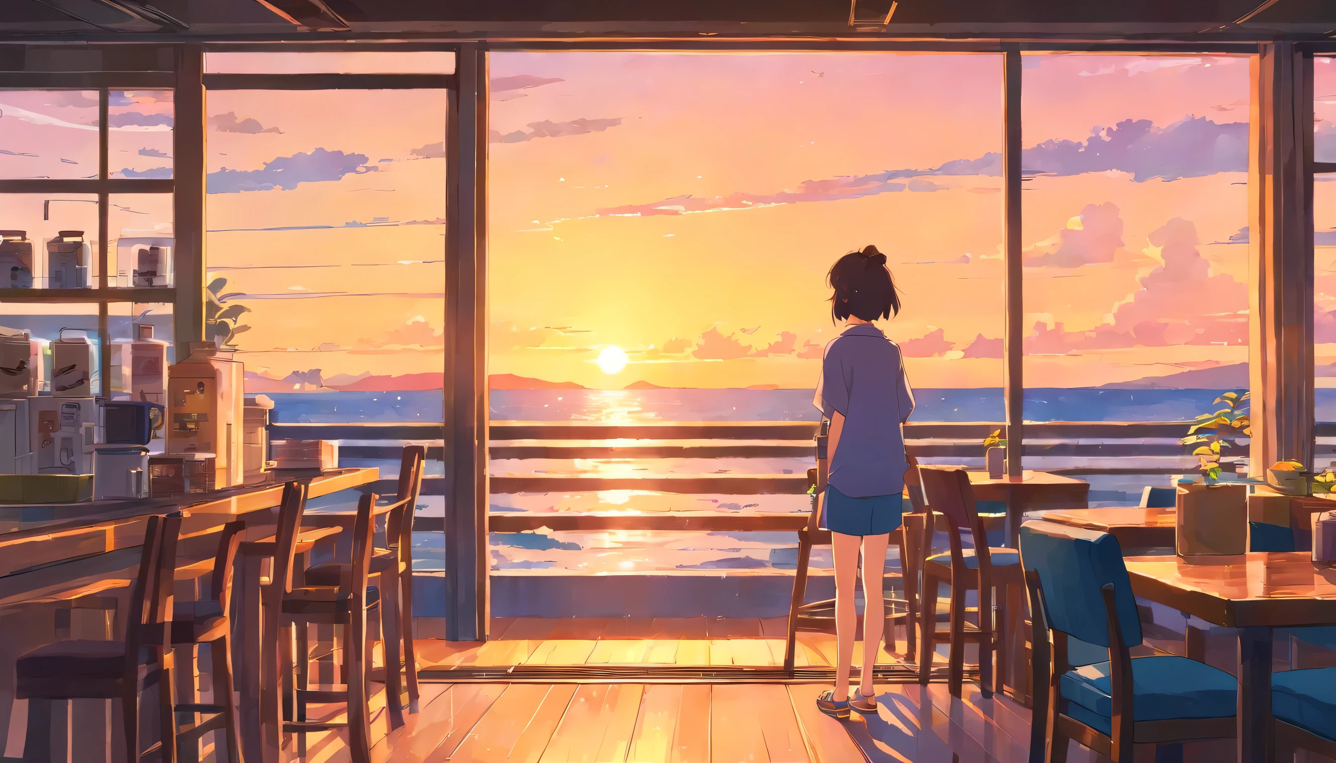 Back view of a European girl with medium long hair、Enjoy your coffee on the cafe&#39;s terrace while watching the beautiful sunrise over the sea.1 cup， A back view of a person leaning on his elbows and looking out at the sea，dream, please wear headphones, analog color theme, lo-fi hip hop , retrospective, flat, 2.5D ,Draw a line, ink painting, Osaka road, watercolor painting, gouache color, very colorful, outerton, Krautlock, Lofiato,old texture, amplitude,Psychedelic atmosphere, masterpiece, Technology of Wonders，Darken the room，Beautiful early morning seaside