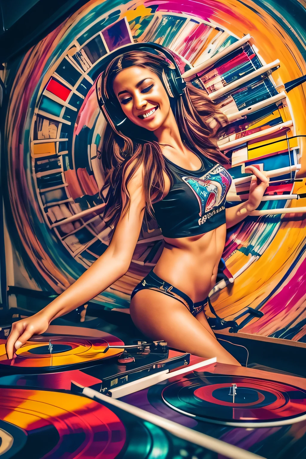 (Best Quality,Ultra-detailed),(Realistic:1.37)Girl DJ, (((vinyl rack))), Lively dance floor, foreshortening, (seductive position), looks at the viewer,Smiling,(NSFW:1.0), in headphones, t shirt, thongs, An impatient expression on his face,creation,Joyful,Playful,Happy,expressive,Beautiful bright colors,imagination,Musical talent,Passion for art,Musical clutter,,The Creative Process,Presentation of the final result,inspiration,Musical creativity,Vivid imagination,tooling ,Musician's palette,,A creative journey,Musical endeavors,Musical performance,Creative energy,artistic atmosphere,,Expressive features,Playful atmosphere,Artistic playfulness,Live Art Scene,,Dynamic composition,Living works of art,Colorful & Vibrants,The result of musical expression,Energetic manner of writing,A colorful masterpiece.Makeup artists do makeup for celebritieasterpiece:1.2), Best Quality, Masterpiece, hight resolution, Original, extremely detailed wallpaper, perfect  lighting,(extremely detailed CGI:1.2),