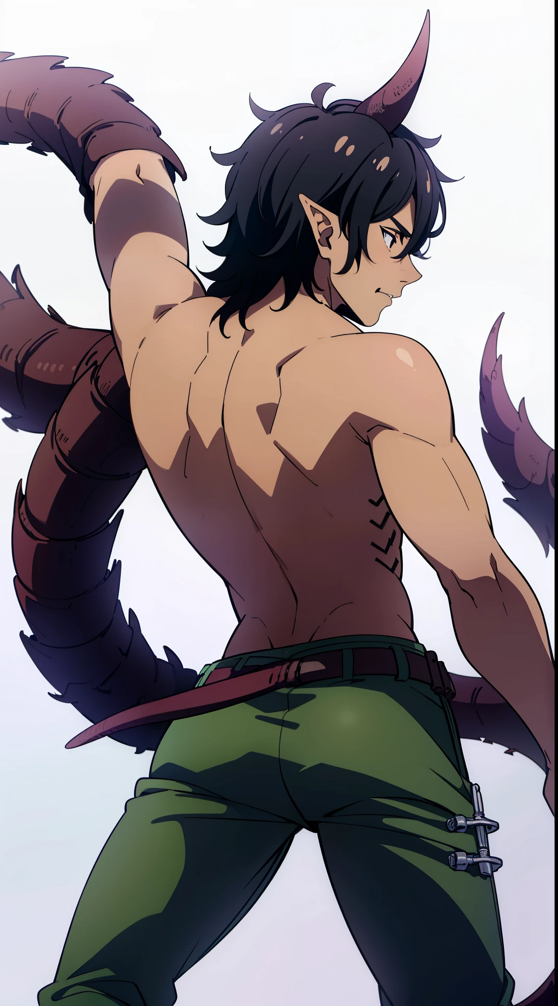 (1boy,20 years,solo,serious,mature male),((dark skin)),black hair,elf ears,(horns),cowboy shot,(white background),from back, orange dragon tail