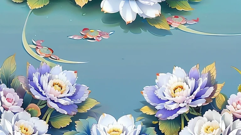 ancient china, peaceful, garden, dew drop on leaf, peony flowers grow crowded together, flower petals floating in the sky, spring, misty, no human, bright pastel-colored background