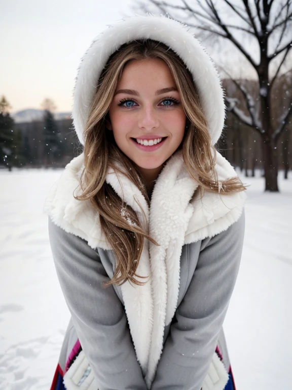 a closeup dark body shot photo of a blonde with perfect eyes, smile,same face, full body, full length image,snow background, playing with snow