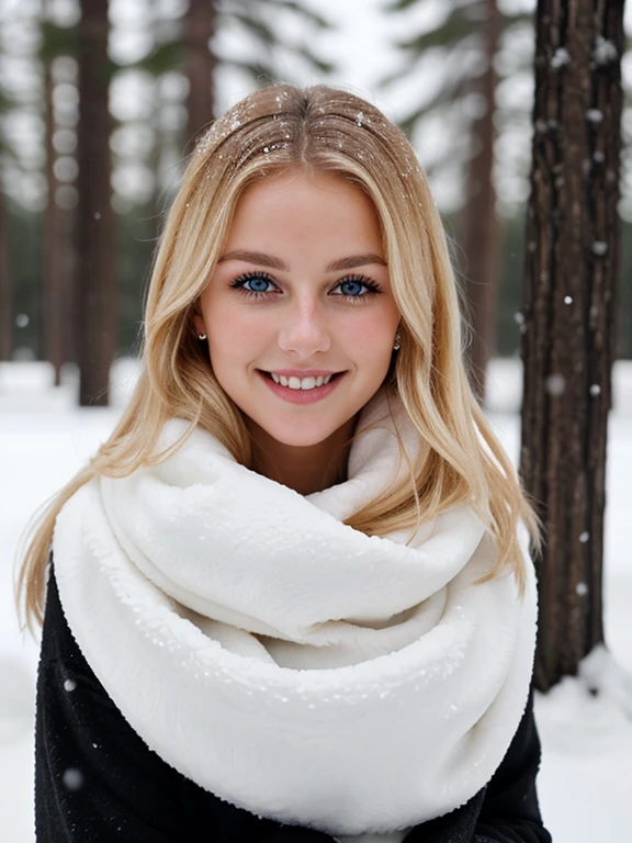 a closeup dark body shot photo of a blonde with perfect eyes, smile,same face, full body, full length image,snow background, playing with snow