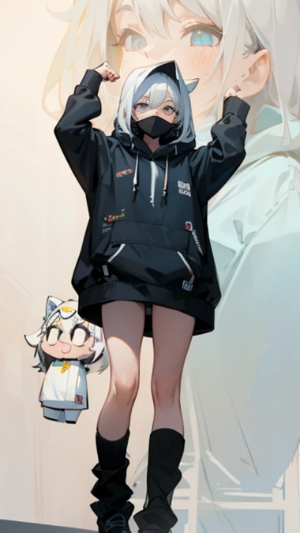 girl wearing a black hoodie、wearing a black hood、white panties、cute face