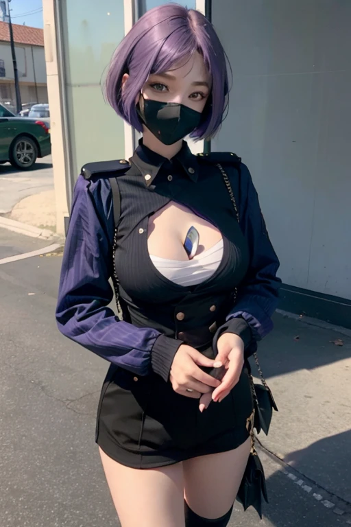 girl 23 years old short purple hair bob haircut green eyes third breast size European appearance wearing a mask police uniform