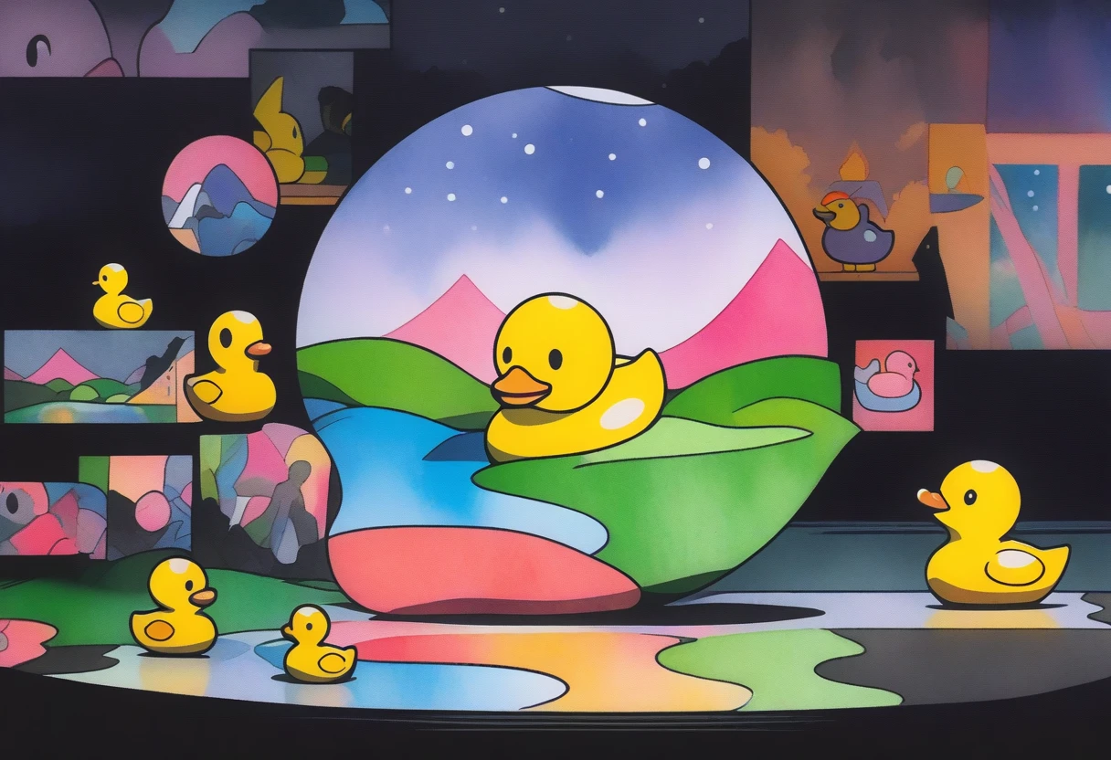 ink style figure, rubber duck, adorable cute, (wordless, single image), expressive ink, precise harsh stroke lines, animated cel, rotoscope, rich color grading shading shadows depth, nuanced watercolor background, hand drawn comic, accurate, detailed, craftsmanship, nighttime, splash page, decompressed comic, cover art, chiaroscuro lighting, unified color scheme, simple lines, subtle flourish reflection