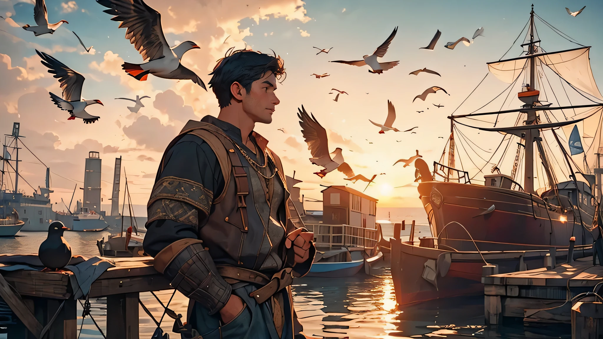 A young fisherman with black hair, wearing rugged attire, conversing with locals at the bustling port, dock. Lighting from a setting sun casts warm tones and long shadows, emphasizing the scene's authenticity. Distant ships and seagulls in the background add to the maritime atmosphere, medieval fantasy theme