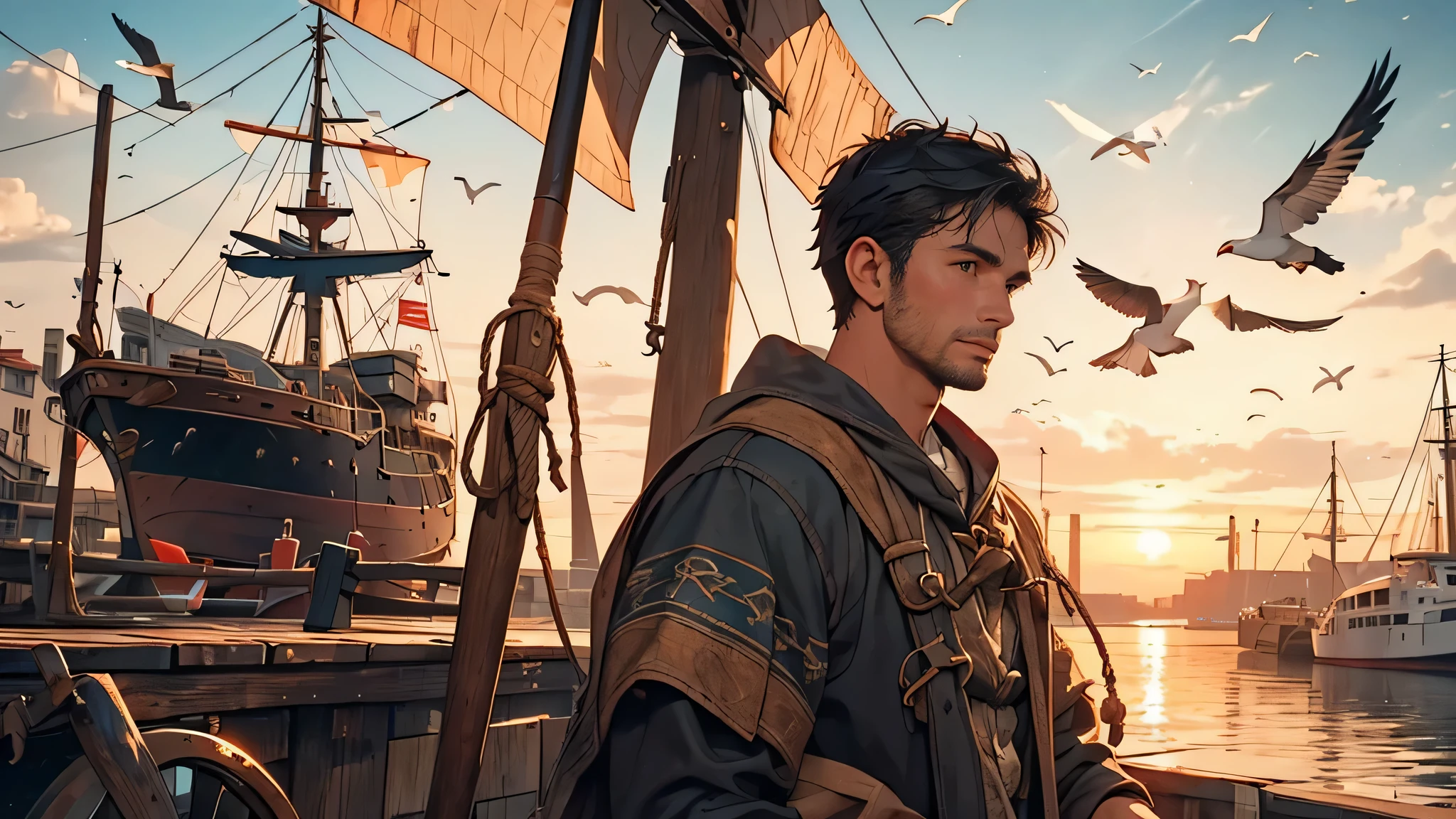 A young fisherman with black hair, wearing rugged attire, conversing with locals at the bustling port, dock. Lighting from a setting sun casts warm tones and long shadows, emphasizing the scene's authenticity. Distant ships and seagulls in the background add to the maritime atmosphere, medieval fantasy theme