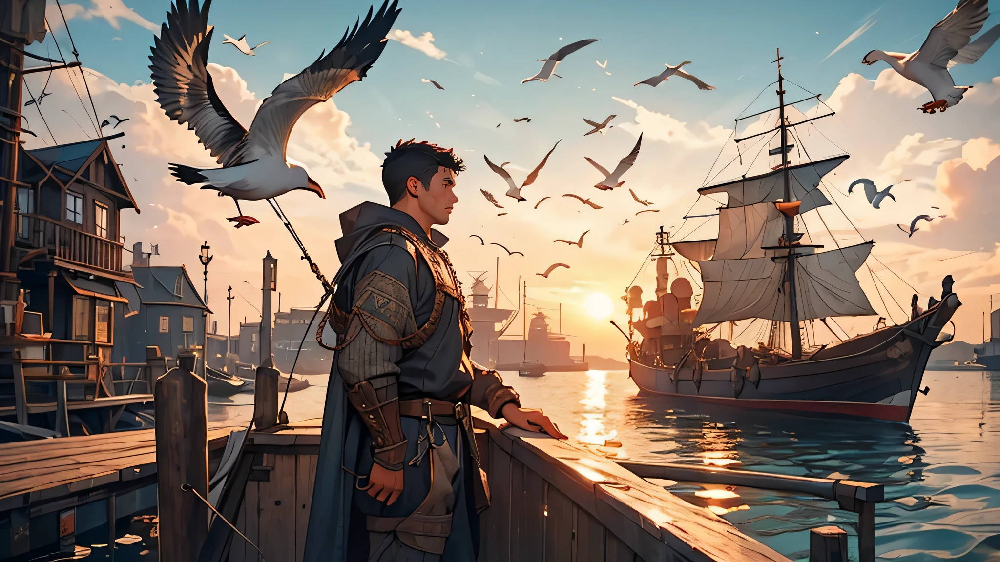 A young fisherman with black hair, wearing rugged attire, conversing with locals at the bustling port, dock. Lighting from a setting sun casts warm tones and long shadows, emphasizing the scene's authenticity. Distant ships and seagulls in the background add to the maritime atmosphere, medieval fantasy theme