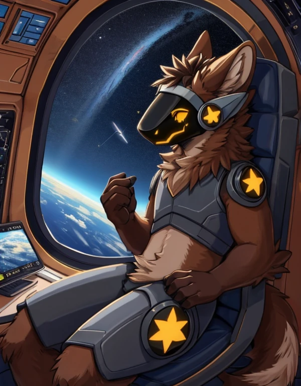 (very detailed illustration: 1.2), best quality, masterpiece, solo, natural lighting, protogen, (protogen face: 1.1), (protogen visor: 1.1), brown tail, torso, yellow eyes, dark brown fur, brown fur all over the body, dark brown hair, brown fur, sitting in a pilot's chair, advanced spacecraft, he is inside the spaceship, in space full of stars, a large planet in the distance, landscape