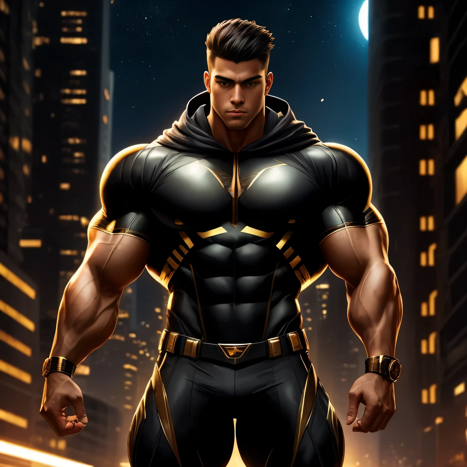 ((Extremely realistic shadows, Masterpiece, extremely detailed, photorealistic)) A teenager at 18 years old (Mexican ethnicity) Handsome, muscular thighs, bulging neck. Tanned skin massive muscular bodybuilder, gray hair, military haircut, tight clothing, body full of muscles; ripped abs, V-shaped body, thick waist, long legs, strong arms. City background, skyscraper, futuristic city, night, stars, night lights, Superhero, hero, bodysuit, hood, massive muscles, huge pecs, chiseled ABS, huge pecs, exaggeratedly huge muscles, 300 lbs. A young hero whose presence inspires trust and respect. (((His hero suit is black and golden)