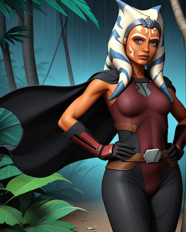 zPDXL, source_anime, BREAK ahsoka tano, cape, armor,black gloves,tight bodysuit,black cape,black pants, BREAK close-up, solo, standing, front view, medium breasts, hands on hips, wide hips, BREAK x3dce, 3d, jungle background, dense vegetation, rain, night, night sky,
