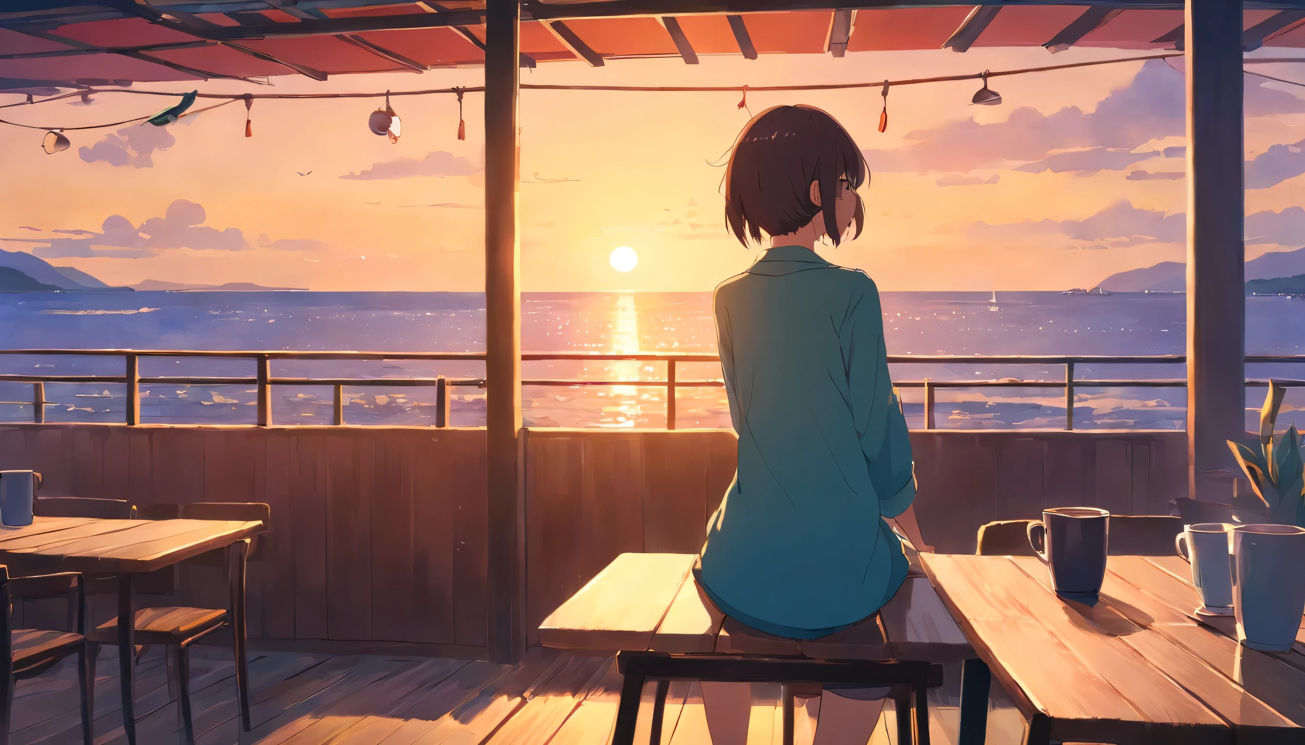 Back view of a European girl with medium long hair、Enjoy a coffee at the cafe,On the terrace while watching the beautiful sunrise over the sea.1 cup, Rear view of a person leaning on his elbows and looking at the sea,dream, please wear headphones, analog color theme, lo-fi hip hop , retrospective, flat, 2.5D ,Draw a line, ink painting, Osaka road, watercolor painting, gouache color, very colorful, outerton, Krautlock, Lofiato,old texture, amplitude,Psychedelic atmosphere, masterpiece, Technology of Wonders,Darken the room,Beautiful early morning seaside