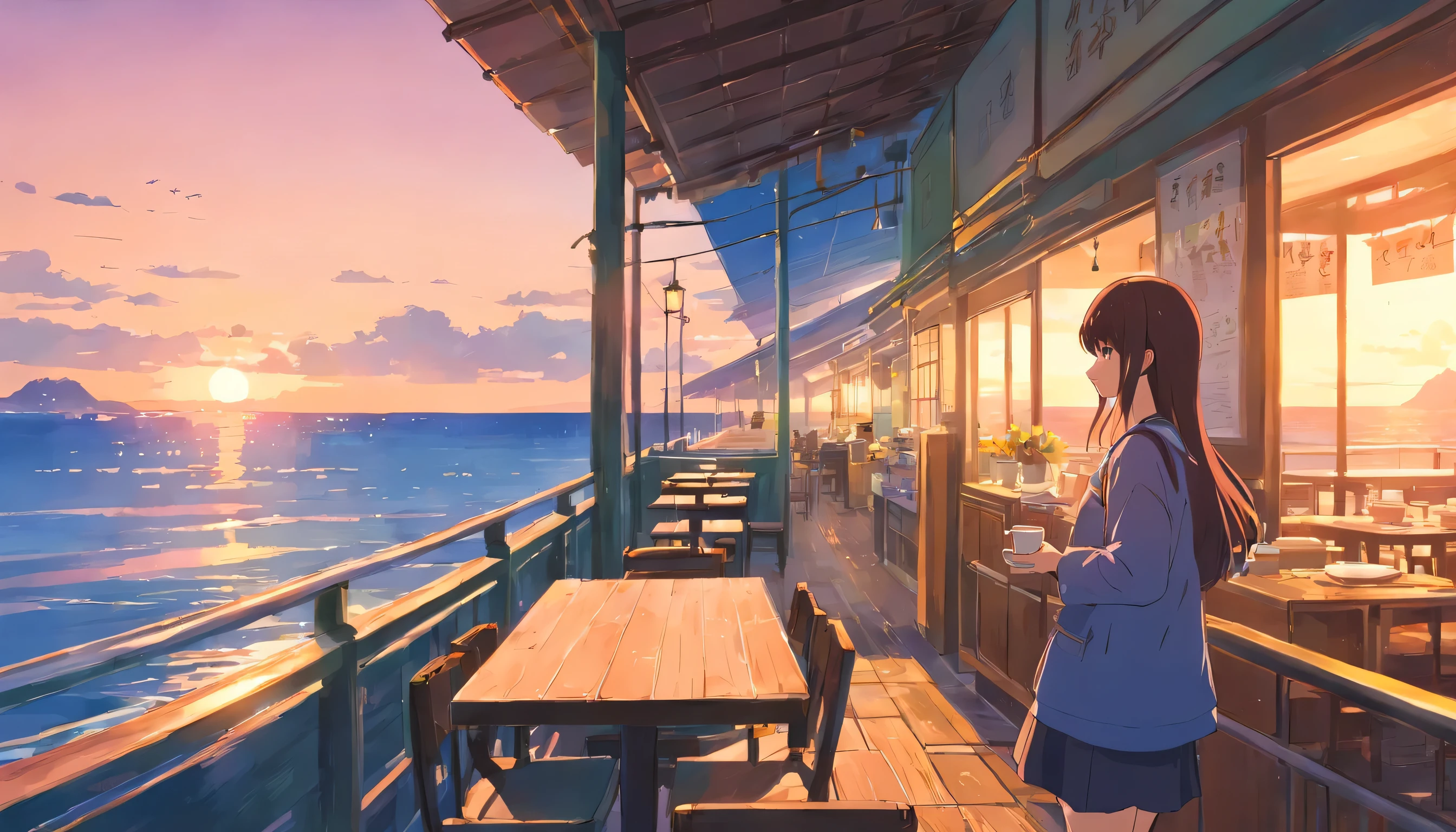 Back view of a European girl with medium long hair、Enjoy a coffee at the cafe,On the terrace while watching the beautiful sunrise over the sea.1 cup, Rear view of a person leaning on his elbows and looking at the sea,dream, please wear headphones, analog color theme, lo-fi hip hop , retrospective, flat, 2.5D ,Draw a line, ink painting, Osaka road, watercolor painting, gouache color, very colorful, outerton, Krautlock, Lofiato,old texture, amplitude,Psychedelic atmosphere, masterpiece, Technology of Wonders,Darken the room,Beautiful early morning seaside