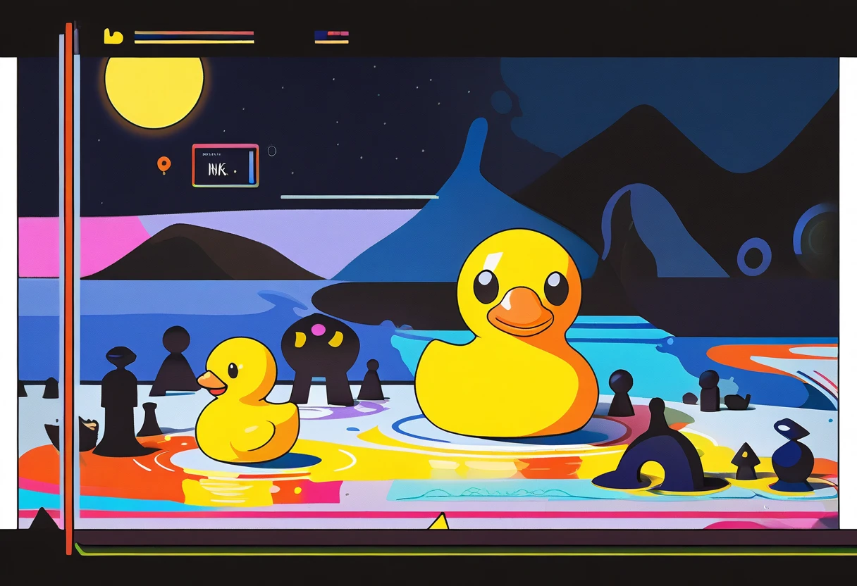 ink style figure, rubber duck, adorable cute, (wordless, single image), expressive ink, precise harsh stroke lines, animated cel, rotoscope, rich color grading shading shadows depth, nuanced watercolor background, hand drawn comic, accurate, detailed, craftsmanship, nighttime, splash page, decompressed comic, cover art, chiaroscuro lighting, unified color scheme, simple lines, subtle flourish reflection
