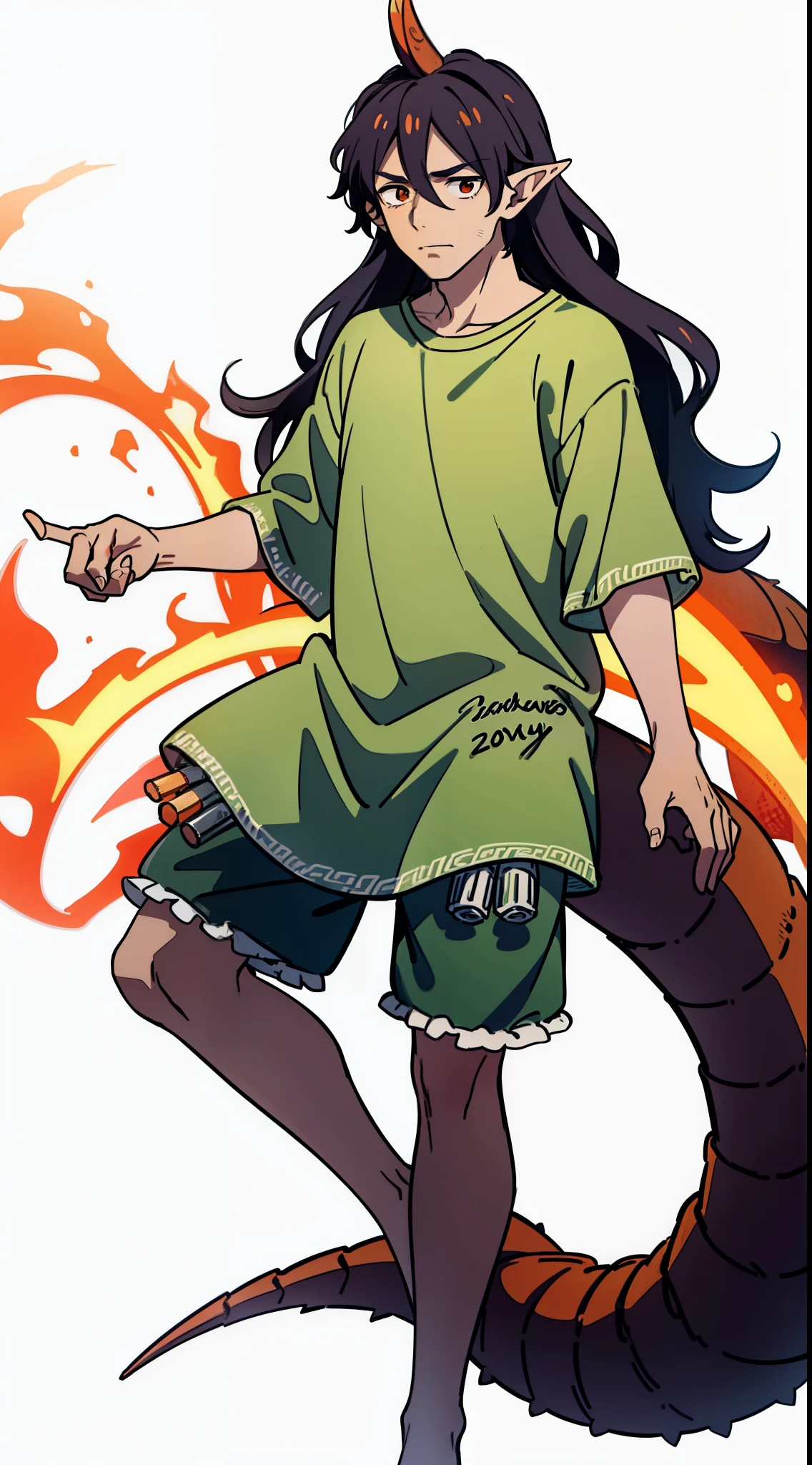 (1boy,20 years,solo,serious,mature male),((dark skin)),black hair,elf ears,(horns),cowboy shot,(white background),((orange dragon tail)),full body