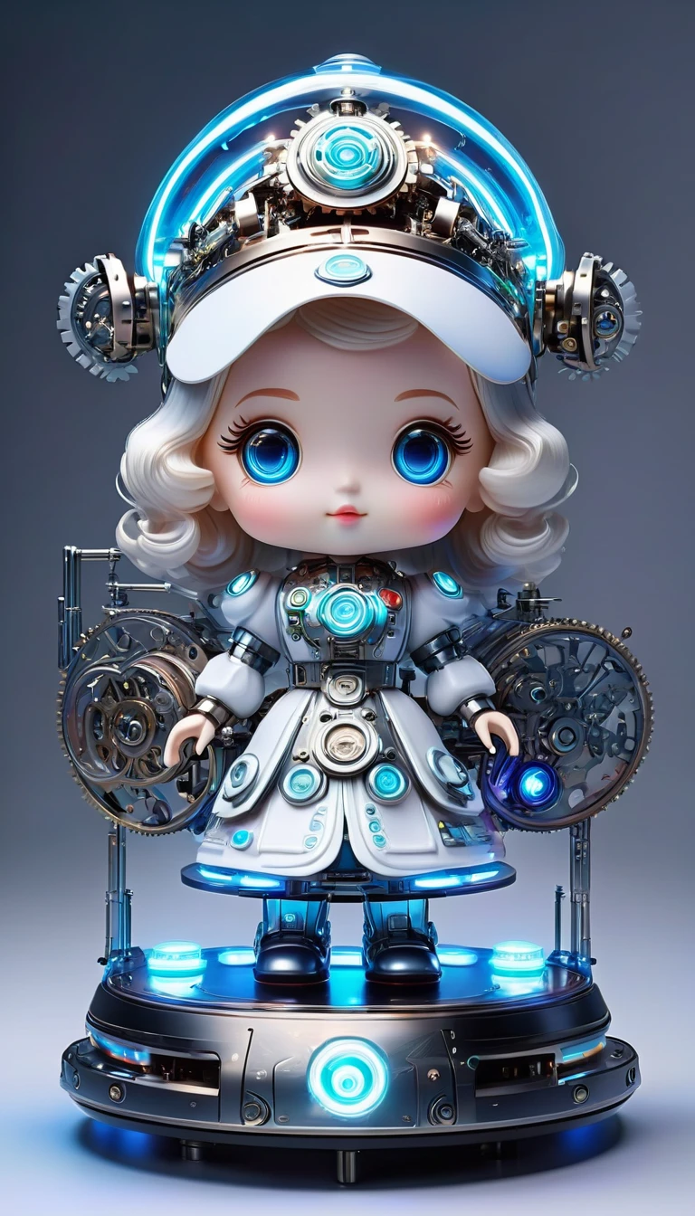 Pixar style, (Blind box toy style:1.2), (full-body shot) , 1 transparent cute mechanical nurse doll, Transparent mecha, Exquisite nurse hat:1.2, 夜Light护目镜:1.2, Colorful neon Lights, High-tech mechanical parts, Metal body, Detailed mechanical metal design, bright colors, 動態發Light, 反Light金属表面, Bright environment, dynamic poses, Exquisite existence, Skill improvement, Interlocking mechanical gears, Stylish design, motion blur effect, Metalworking details, Sci-fi atmosphere, Streamlined aerodynamic shape, 激Light扫描图案, Holographic projection, LED Light track, beautiful and unforgettable, Advanced sensors, complex algorithm, Ominous and mysterious atmosphere, electric spark, Shiny chrome plating, Propulsion systems of the future, Clean, White background, (global illumination, Light线追踪, high dynamic range, Unreal rendering,Reasonable design, high detail, masterpiece, best quality, ultra high definition, Light),chibi,locomotive,3D style