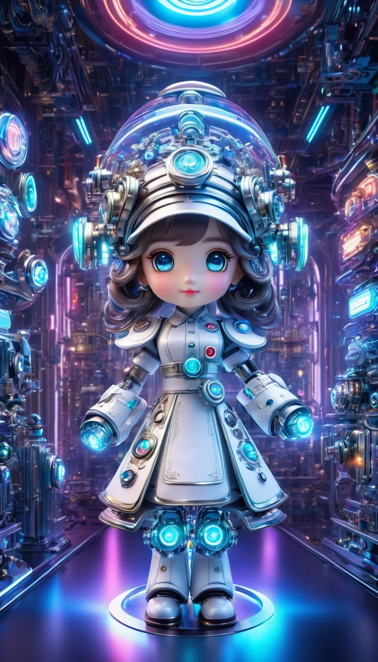 Pixar style, (Blind box toy style:1.2), (full-body shot) , 1 transparent cute mechanical nurse doll, Transparent mecha, Exquisite nurse hat:1.2, 夜Light护目镜:1.2, Colorful neon Lights, High-tech mechanical parts, Metal body, Detailed mechanical metal design, bright colors, 動態發Light, 反Light金属表面, Bright environment, dynamic poses, Exquisite existence, Skill improvement, Interlocking mechanical gears, Stylish design, motion blur effect, Metalworking details, Sci-fi atmosphere, Streamlined aerodynamic shape, 激Light扫描图案, Holographic projection, LED Light track, beautiful and unforgettable, Advanced sensors, complex algorithm, Ominous and mysterious atmosphere, electric spark, Shiny chrome plating, Propulsion systems of the future, Clean, White background, (global illumination, Light线追踪, high dynamic range, Unreal rendering,Reasonable design, high detail, masterpiece, best quality, ultra high definition, Light),chibi,locomotive,3D style