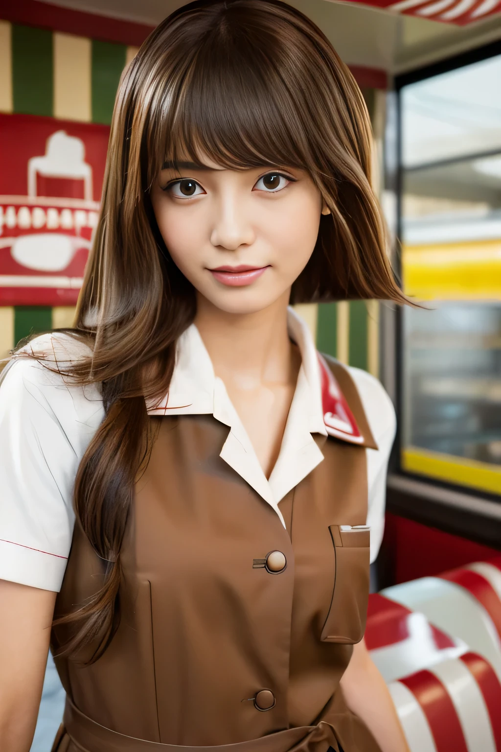 masterpiece, highest quality, Photoreal, Super detailed, finely, High resolution, 8k wallpaper, Professional, Advanced level of detail, ((A high school girl working at a hamburger shop:1.2)), slender Japanese woman,, detailed clavicle, Medium chest、perfect face, (Front facing:1.2)、medium long hair, chestnut hair、(Hamburger shop uniform:1.5)、cute face、(looking straight ahead:1.5)、(brown skin:1.5)、full body shot