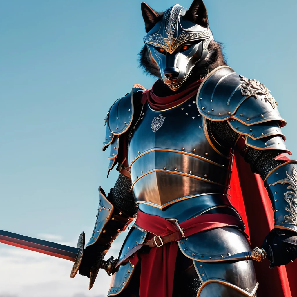 a black wolf in armor with a sword, with a technological willful Helmet, showing full body, Elisha Cuthbert as an advertisement & champion, Poots Imogen D&paladin, knight, red armor, medieval knight, black and reddish colored armor, Wearing heavy armor with a cape, Image of Paladin, 4K armored knight wielding a sword.