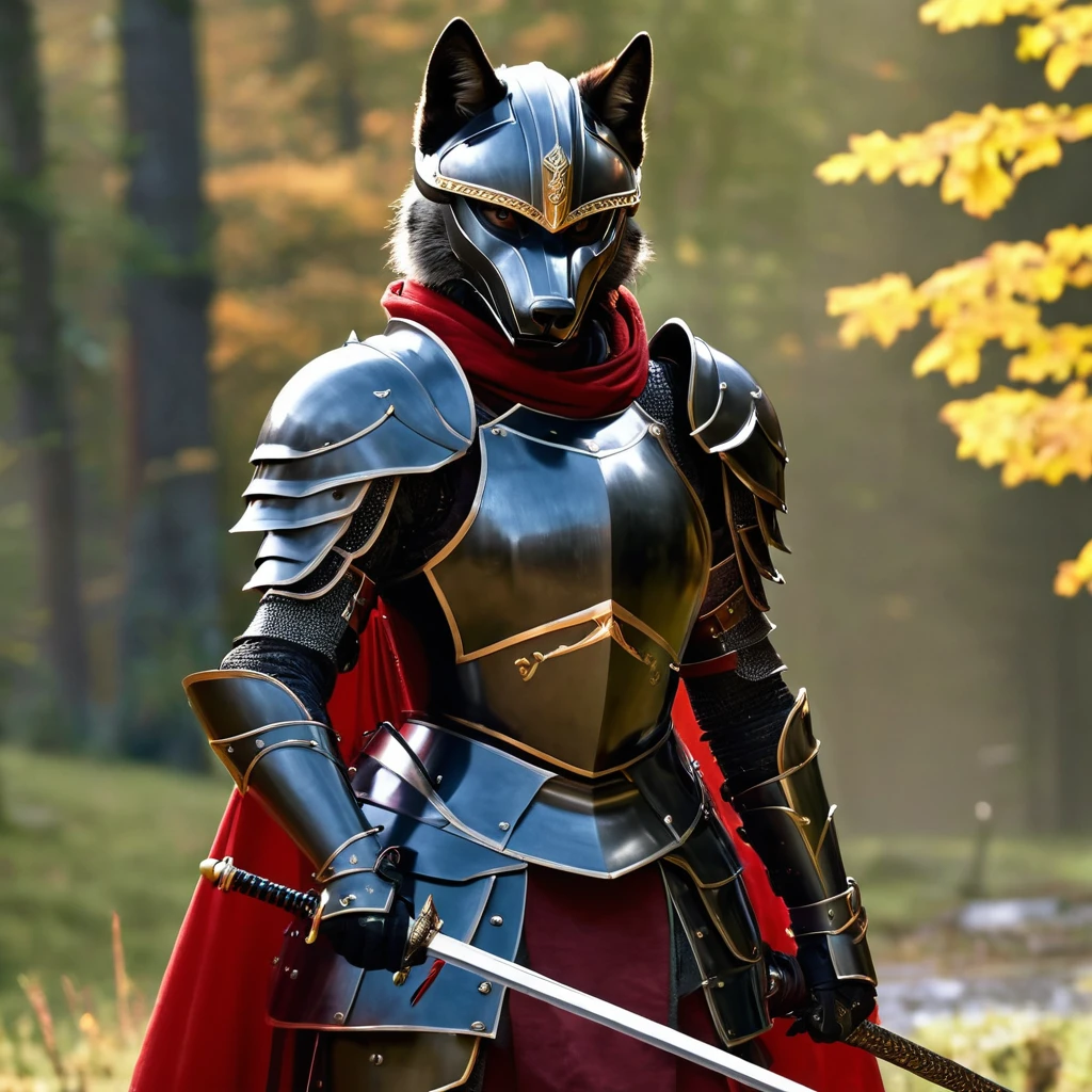 a black wolf in armor with a sword, with a technological willful Helmet, showing full body, Elisha Cuthbert as an advertisement & champion, Poots Imogen D&paladin, knight, red armor, medieval knight, black and reddish colored armor, Wearing heavy armor with a cape, Image of Paladin, 4K armored knight wielding a sword.