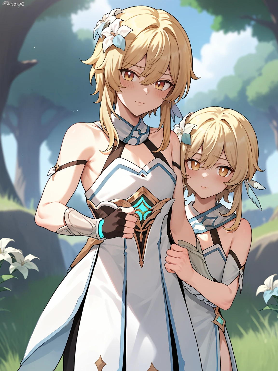 score_9,score_8_up,score_7_up,rating: general,1oyy, girl, duo, bisexual, aether, genshin impact, siblings, brother and sister, aether (femboy, flat chest, male, long single braid hair, dark blonde hair), lumine (short hair, female, tits, light blonde hair), outdoors, front view, shy, looking at viewer, embarrassed, forest, aether and lumine