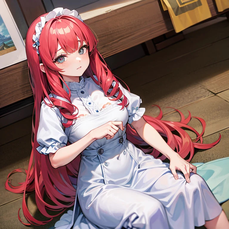 Garota, cabelo (((random hairstyle))), cabelo(((( vermelho cereja (((curto))),(((vestido curto florido))),(((olhos grandes e castanhos))),(((peito grande)))), Estilo (((manga preto e branco 