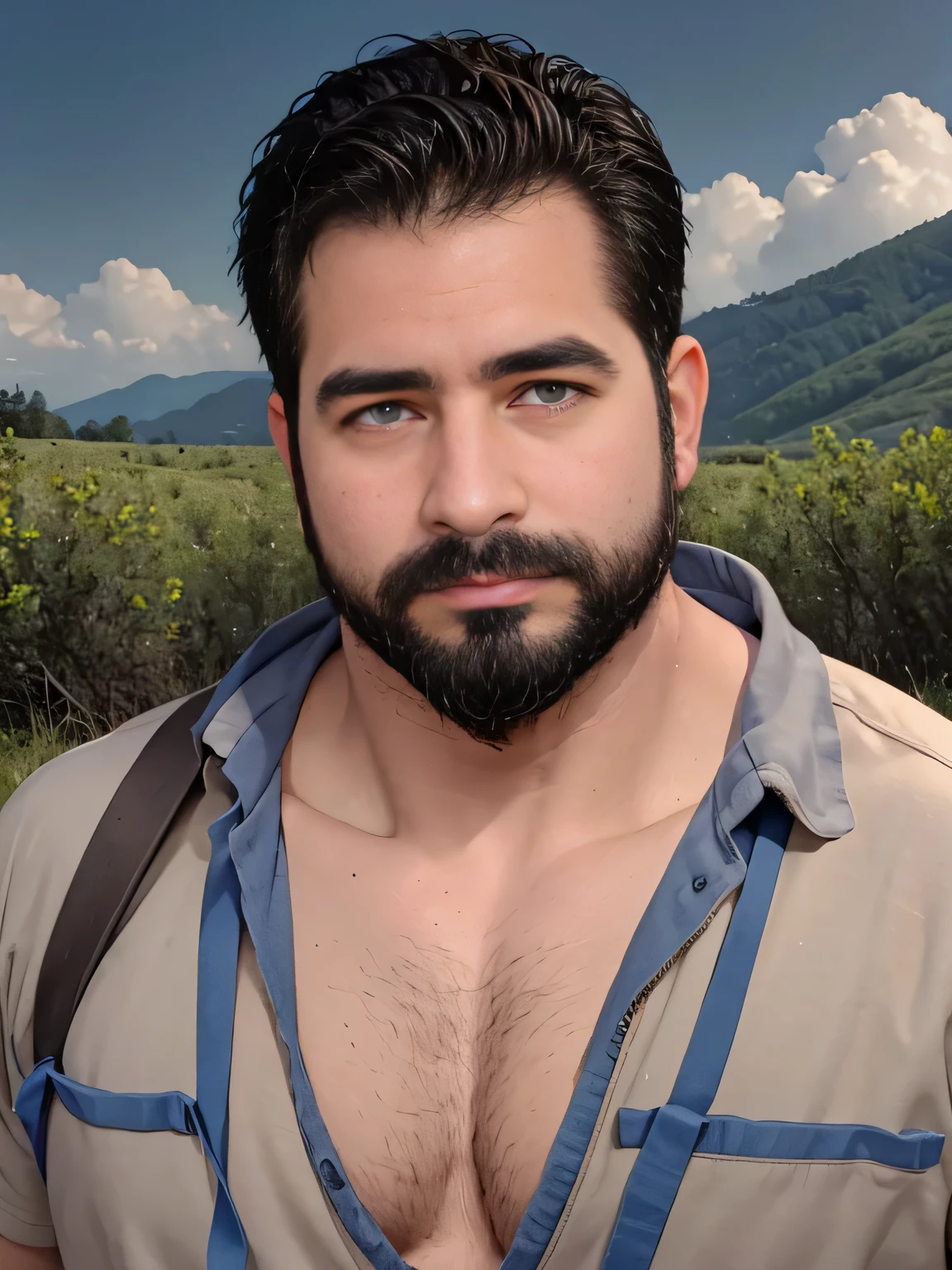 obra maestra, Mejor calidad, high resolution, Retrato de primer plano, (1 chico:1.4) A man in a lumberjack suit, muscular, (descamisado: 1.2) enfoque masculino, enfocarse solo, piel bronceada, middle-aged man in lumberjack clothing, muscular, fuerte, peludo, masculino, (descamisado: 1.2), al fondo una granja, en un eclipse de sol, amazing composition, Vista frontal, HDR, volumetric lighting, (plano general, desde el frente:1.2) (GS-Macho :1.5) (magnificent landscape:1.2)