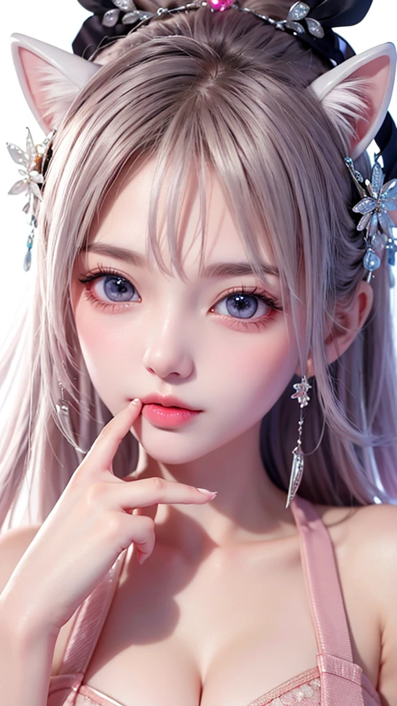Gentle and lovely Chinese beauty, Exquisite and sexy collarbone, Charming oval face, double eyelids, Smart peach blossom eyes, pink lips, small nose, bare shoulders, focused face, face close-up, ultra high definition, Super details, Full body image, Ultra-thin and translucent, cat ears, snowflakes falling, pure white hair, (High detail finger: 1.5),Huge bust,Chest,Leaks medium cleavage,