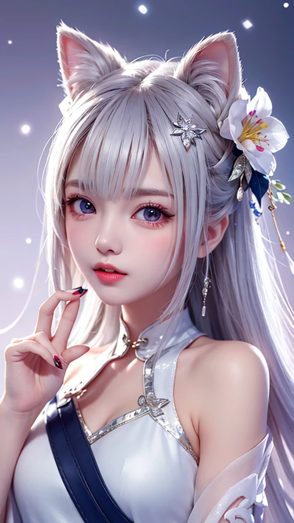 Gentle and lovely Chinese beauty, Exquisite and sexy collarbone, Charming oval face, double eyelids, Smart peach blossom eyes, pink lips, small nose, bare shoulders, focused face, face close-up, ultra high definition, Super details, Full body image, Ultra-thin and translucent, cat ears, snowflakes falling, pure white hair, (High detail finger: 1.5)，Huge bust,Chest，Leaks medium cleavage，
