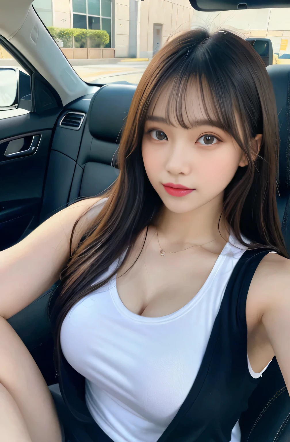 There is a woman sitting in a car with a bag on her lap., your pov feet, sitting in her car, showing legs, driving, [ picture, pantyhose tights, 4 liters, wearing knee socks, Women's Gigachad, Right hand driving, Ha12.0, 24 year old woman in black baggy t-shirt, short sleeve, basic round neck, (Medium stretchy breast, Very adorable tilquish beauty 1 girl、(It became brighterする光:1.2)、(Improvement of quality:1.4)、 (highest qualityのrealisticテクスチャスキン:1.4)、 (Improve your body line:1.1)、(improve skin texture:1.1), master piece,best quality, 1 girl,1 boy ,play,At the school performance,On the playground,Close-up of cleavage,It became brighter,cheerfulness,Warm and soft sunlight,after that,(RAW photo、4k、masterpiece、High resolution、very complicated)(realistic:1.4)、Delicate girl illuminating facial features in a movie、View Viewer 1 Girls、single focus、hot、muscle whitening、(Huge 、cleavage)、(highest quality)、(Hi、very delicate and beautiful)、(Beautiful 8K face)、(brown eyes)、(Ulzzang-6500:1.0)、(solo)、(Viewer)、(audience)、(Huge tits)、(nffsw)、leaning forward、((basketball sportswear))、(play basketball)、((Gym))