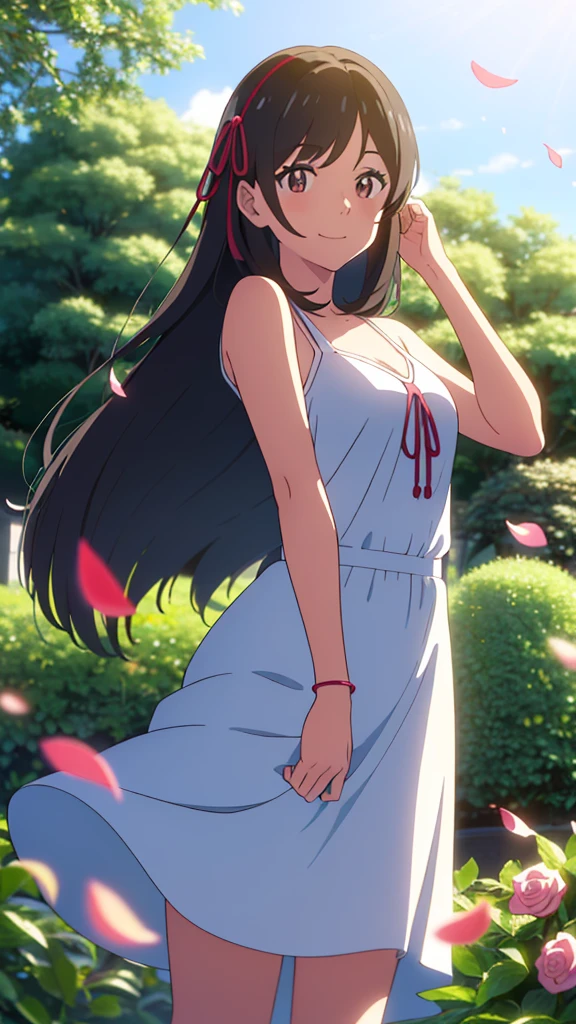 shinkai makoto, kimi no na wa., 1 chica, Golpes, PELO NEGRO, ((girl wears white dress, vestido corto, diadema roja), rubor, ojos brillantes, Brown eyes, Red ribbon, cabello corto, sonrisa, lindo, Hermoso, boca abierta, piel brillante, mirando al espectador, mangas cortas, cereza_flores, descendente_petals, petals, rama, rosa_flor, cielo, luz de sol, primavera_season, viento, tree