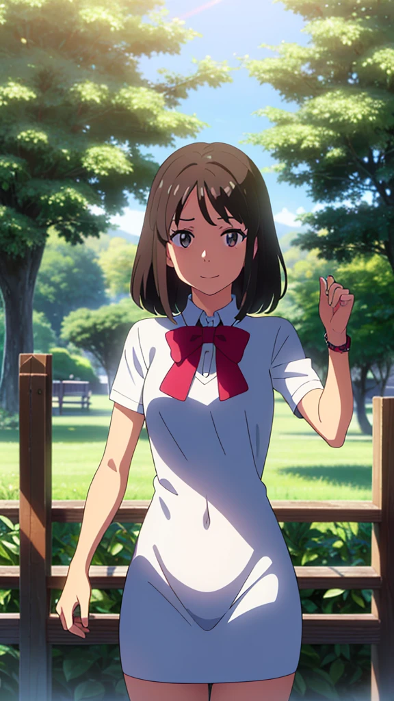 shinkai makoto, kimi no na wa., 1 chica, Golpes, PELO NEGRO, ((girl wears white dress, vestido corto, diadema roja), rubor, ojos brillantes, Brown eyes, Red ribbon, cabello corto, sonrisa, lindo, Hermoso, boca abierta, piel brillante, mirando al espectador, mangas cortas, cereza_flores, descendente_petals, petals, rama, rosa_flor, cielo, luz de sol, primavera_season, viento, tree