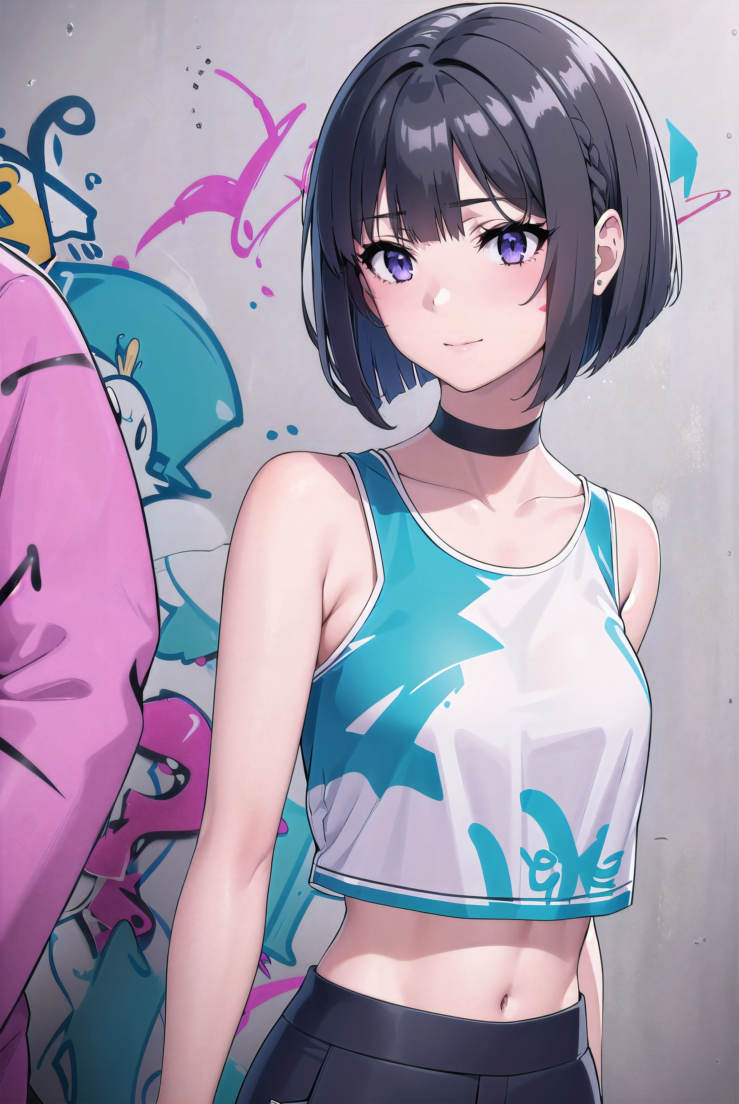 masterpiece, best quality, 1girl, solo, stylish crop top, smile, vibrant short black hair, bobhair, short-hair, short bob hair, (((bobcut))), bob haircut, very short bob cut, lip length hair, blunt ends, (sliced_bob), buzzed nape ((haircut:1.0)), undercut, bobbed hair, minibob, sidecut, shaved, purple eyes, graduation bob, straight short hair, short hair above the ears, (showing armpit:1.0), Shot diagonally from the side, elegant braid, soft bangs, upper body, alluring choker, (graffiti:1.5), artistic paint splatter, seductive arms behind back, leaning against wall, exposed back, fashionable armband, urban hiphop style, flirty skirt, playful head tilt, intense expression, warm orange, dynamic asymmetrical design, bold geometric shapes, creative street art