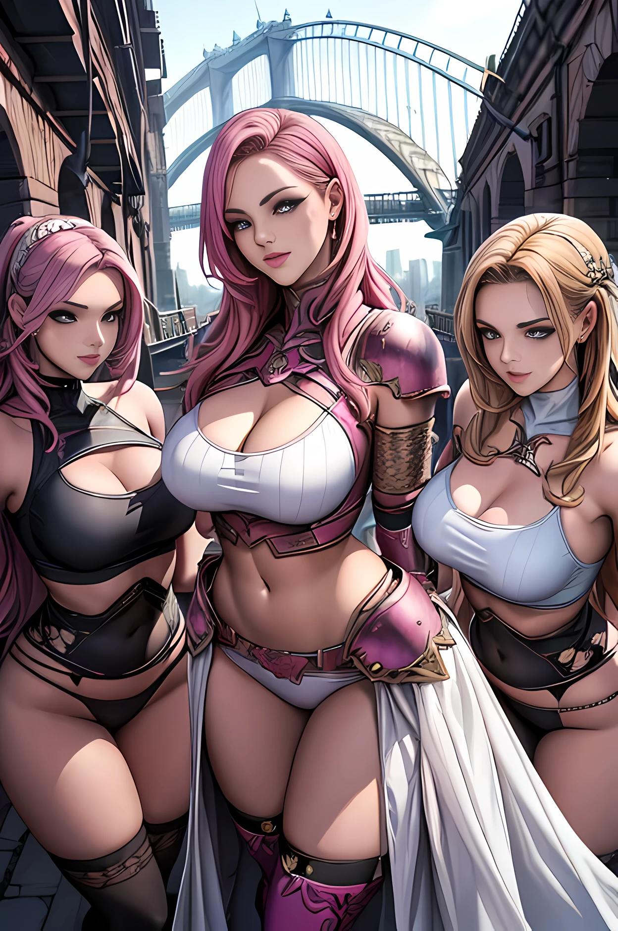 Pink and vibrant colors, perfection, smile, Brooklyn Bridge, heavy metal inspired, White and gold crop top, heavy makeup, (fashionable mode girl:1.1), (artistic composition photo:1.3), Three young girls are posing in the classroom, armor, intricate design