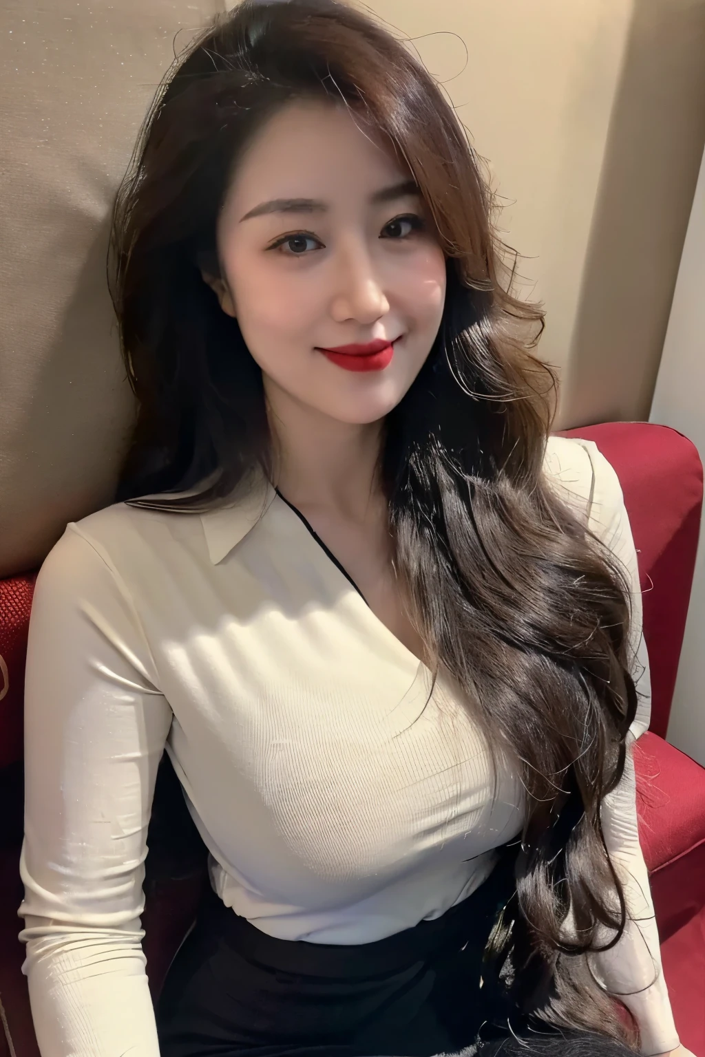 ((top quality、8k、masterpiece:1.3))、sharp focus, High level of image quality, high resolution,Shirts and shirts,business attire,37-year-old woman with long wavy hair,Mature,charming smile,Draw lips correctly, red lipstick,stand,Chubby body,Big breasts,On black sofa background,full-body shot