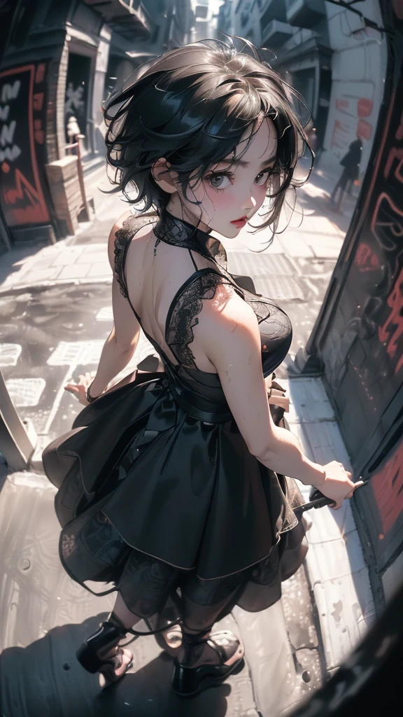 ((Highly detailed CG unit 8k wallpaper, masterpiece, High resolution, highest quality, highest qualityのリアルテクスチャスキン)), ((fashion model pose:1.2, A cool NY fashion girl influenced by nostalgic and inorganic mode fashion., short hair, Nana Komatsu, detailed costume:1.4, Black complex lace layered maxi skirt and sleeveless shirt combination, Monotone fashion,Wet street sophisticated monotone mode fashion)), ((blurred background:1.4, An empty back alley with black and white graffiti art)), (Angle from above:1.3, Fisheye Shot:1.5), digital painting, concept art,