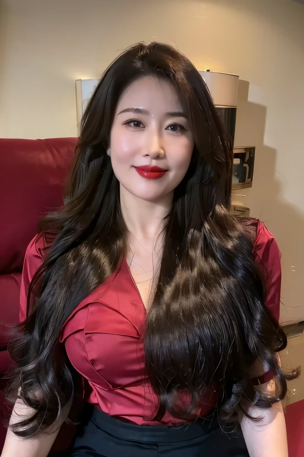 ((top quality、8k、masterpiece:1.3))、sharp focus, High level of image quality, high resolution,Shirts and shirts,business attire,37-year-old woman with long wavy hair,Mature,charming smile,Draw lips correctly, red lipstick,stand,Chubby body,Big breasts,On black sofa background,full-body shot