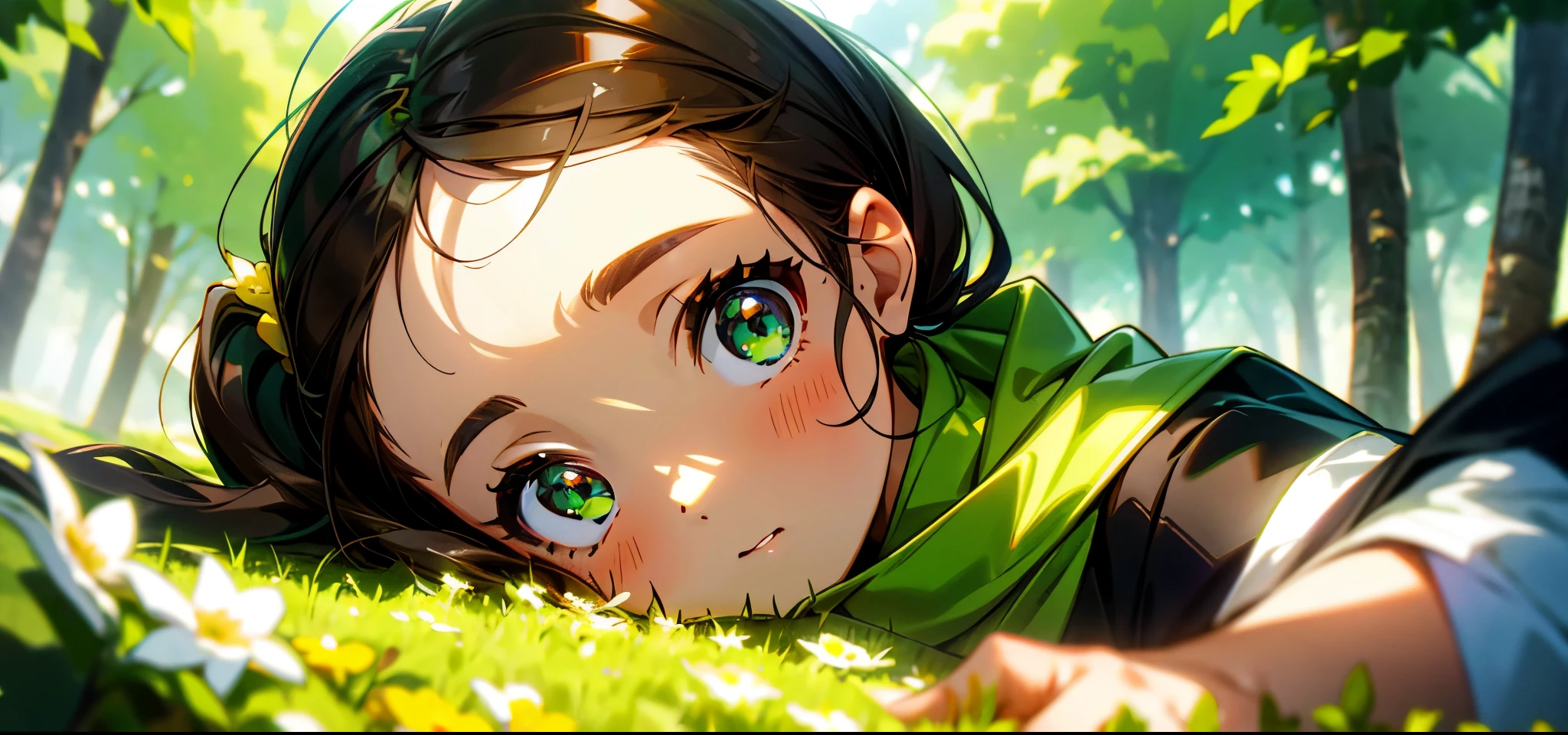 a girl,(brown ponytail),green eyes,Dark green windbreaker,flowers,background forest,(scarf),Bright little flowers ,charming,Sunlight,(high saturation),lying down,Half body,beautiful light and shadow,(((Very very beautiful eyes))),Big head,impactful feeling,Fisheye lens,Open your mouth slightly,consternation