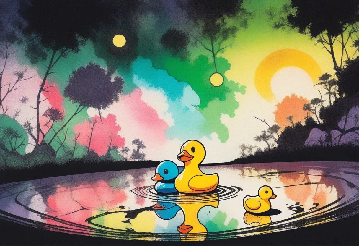 ink style figure, rubber duck, adorable cute, (wordless, single image), expressive ink, precise harsh stroke lines, animated cel, rotoscope, rich color grading shading shadows depth, nuanced watercolor background, hand drawn comic, accurate, detailed, craftsmanship, nighttime, splash page, decompressed comic, cover art, chiaroscuro lighting, unified color scheme, simple lines, subtle flourish reflection